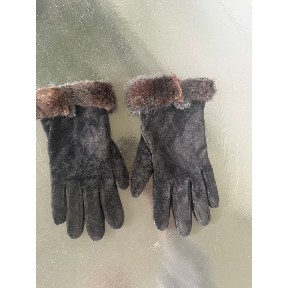 VTG Aris Womens Black Suede Genuine Leather Gloves Faux Fur Trim Fleece Lined Lg